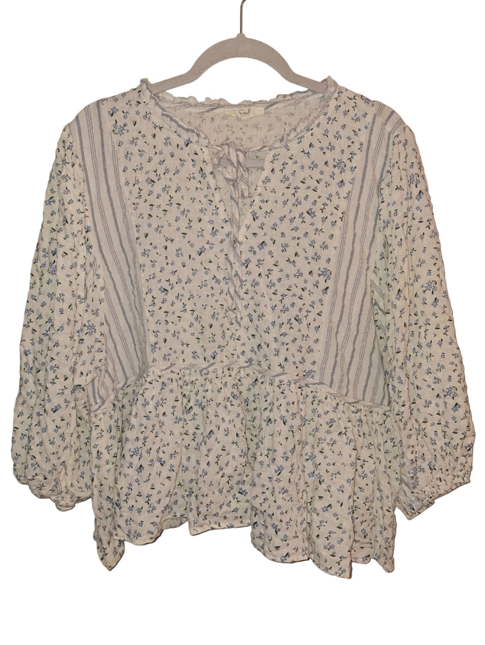 NWOT Easel Ditsy Floral Cream Blue Puff Sleeve Cotton Blend Boho Top Size Large